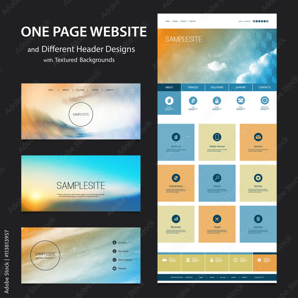 Wall mural one page website template and different header designs with blurred backgrounds - clouds