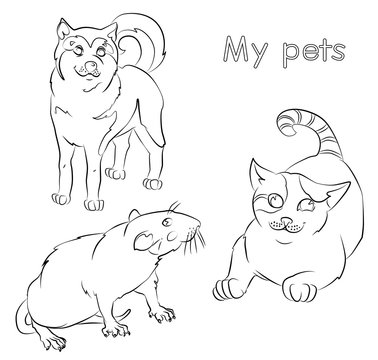 black and white image of a cat, rat and dog- suitable for a child's coloring, and not only. For your convenience, each significant element is in a separate layer.