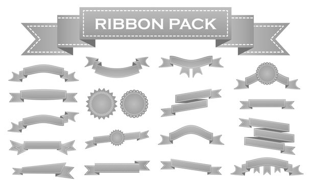 Embroidered silver ribbons and stumps pack isolated on white. Can be used for banner, award, sale, icon, logo, label etc. Vector illustration
