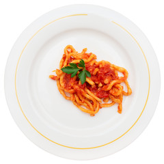 Traditional Tuscan pici pasta with tomato sauce