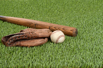 baseball with glove and bat