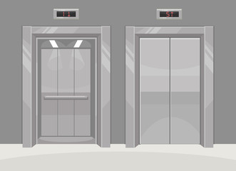Open and closed metal office building elevator. Vector flat cartoon illustration
