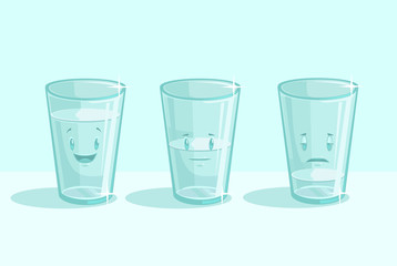 Transparent glasses of water with different emotions. Vector flat cartoon illustration