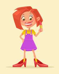 Small girl wearing mothers high heel shoes and make up with red lipstick. Vector flat cartoon illustration