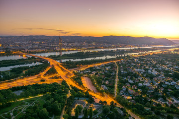 Skyline of Vienna and his Streets in magnificent sunset, Austria