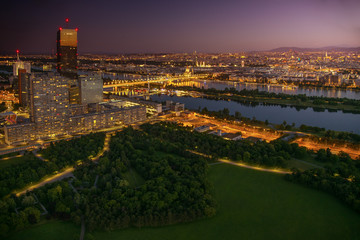 Skyline of Vienna and Danube in magnificent sunset, Austria
