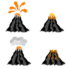 Volcano Erupting Icons Isolated on White Background. Peak of Mountain. Fiery Crater of Volcano.