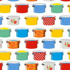 Colored pans. Seamless pattern for kitchen. Kitchen utensils tex