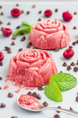 Homemade raspberry, yogurt, chocolate chips ice, flower shaped