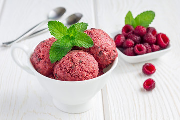 Homemade raspberry, yogurt, chocolate chips ice cream balls, horizontal