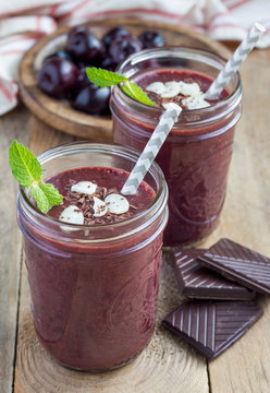 Black forest smoothie with cherry, almond milk and cacao powder