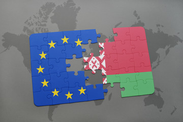 puzzle with the national flag of belarus and european union on a world map background.