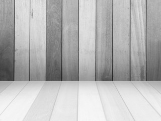 Closeup surface wood pattern at the old wood wall texture background  with reflection at the floor in black and white tone