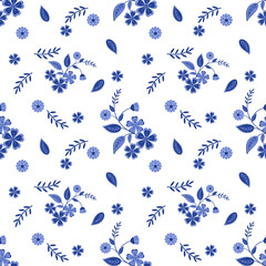 Fototapeta premium Floral seamless pattern in retro style, cute cartoon blue flowers white background