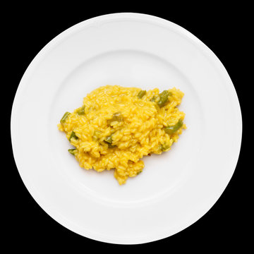 Risotto with saffron and asparagus, isolated