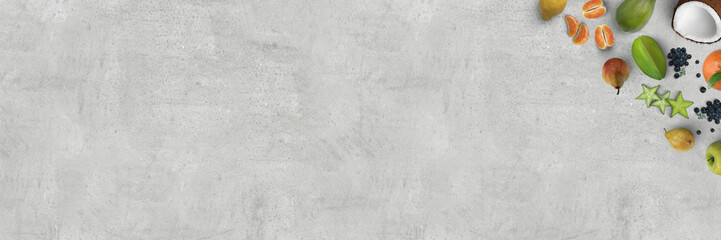 Frisches Obst | Früchte auf grauer Steinplatte | Küche - Food - Diät | Gesundheit - Banner 