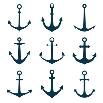 Anchors set. Vector illustration of anchors silhouette.