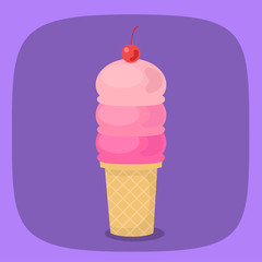 Strawberry icecream with cherry topping, flat design vector illu