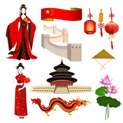 National symbols of China: chinese women in red dresses, dragon, lotus, hat, the Great Wall and red lanterns.