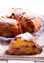 Fototapeta na wymiar Peach and raspberry bundt cake