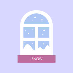 Snow and window in winter season. Peaceful Day Vector of minimal flat illustration.