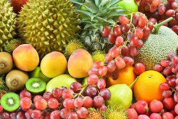 Naklejka na ściany i meble Nutrition fruits for dieting, Group of Various tropical fruits for healthy