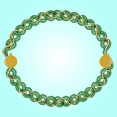 oval frame with fir branches and gold garland and balls on a light turquoise background