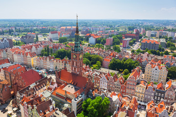 Fototapeta premium Aerial view of the old town of Gdansk with city hall, Poland