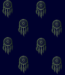 Fototapeta premium Drawing of a seamless pattern with green gradient native american dreamcatcher on a dark blue background