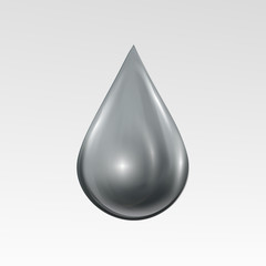 Waterdrop on light gray background. Water bubble with glares and highlights. Metal chrome droplet.