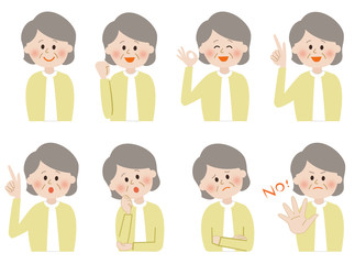 年配女性　表情　アイコン　セット　