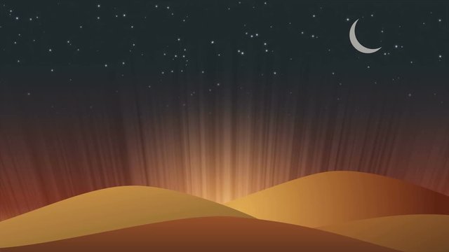 Desert evening scene with crescent, stars and light at the horizon. Looped animation 