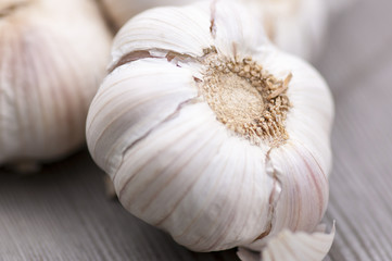 Close-up Garlic on the wooden table - kitchen interior