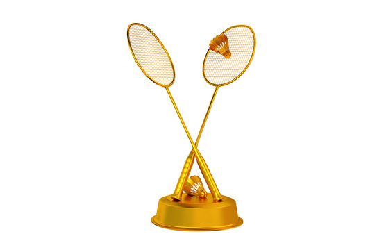 Badminton trophy in Gold with a white background