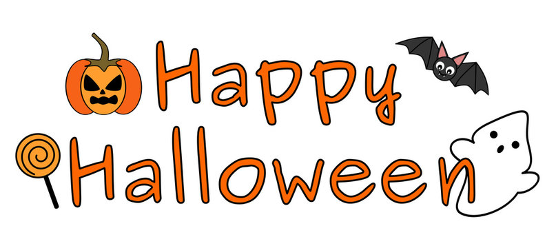 cute happy halloween text banner with ghost, bat, pumpkin and candy