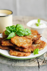 Fried potato pancakes on plate, close-up
