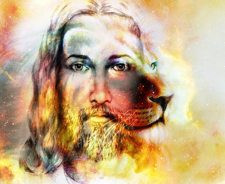 painting of Jesus with a lion, on beautiful colorful background with hint of space feeling, lion profile portrait.