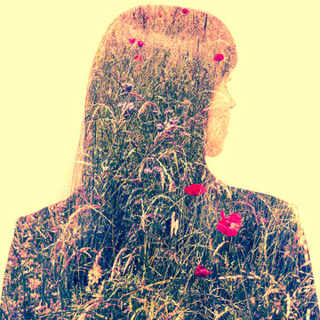 About Summer. Double Exposure Portrait Of A  Business Woman With Meadow Inside.