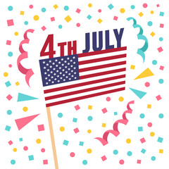 Obraz premium American Independence day. 4th of July holiday party abstract background. USA flag, title and confetti. Flat design vector illustration