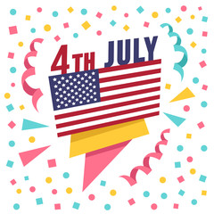 4th of July holiday banner. Creative paper banner with american flag, 4th July title and confetti. Flat design vector illustration