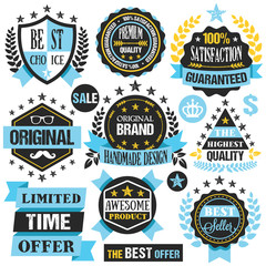 Blue, black and yellow badges, banners and labels set. Vector illustration isolated on white background