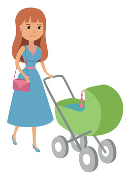 Vector illustration of mother walking with newborn on baby stroller isolated white background. Flat style drawing.