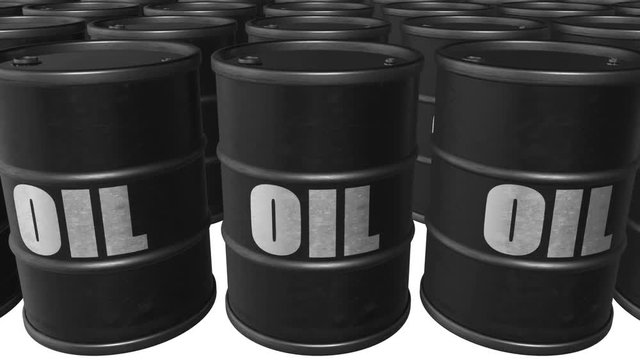 Looped animated background with black barrels with text "oil". White background. 4k.  Seamless loop. 