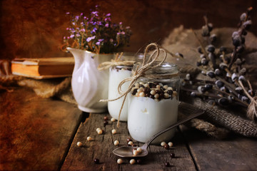 retro effect photo rustic homemade yogurt jar