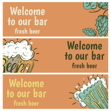 Hand drawn banners with beer in glass mug with text Beer and hop