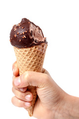 child' hand holding bitten off ice cream isolated on white