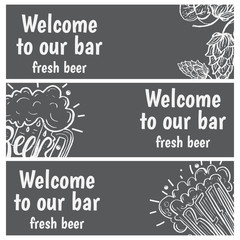 Hand drawn banners with beer in glass mug with text Beer and hop