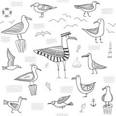 Naklejka premium seagulls seamless pattern in ethnic tribal boho style.Can be printed and used as wrapping paper, wallpaper, textile, etc.