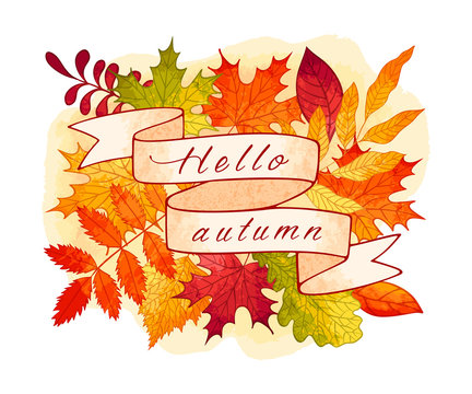 Autumn watercolor background with leaves and ribbon