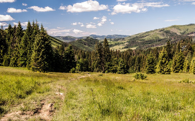 pathway on meadow with mountain ranges on the background above Vychylovka village in Kysuce region in Slovakia